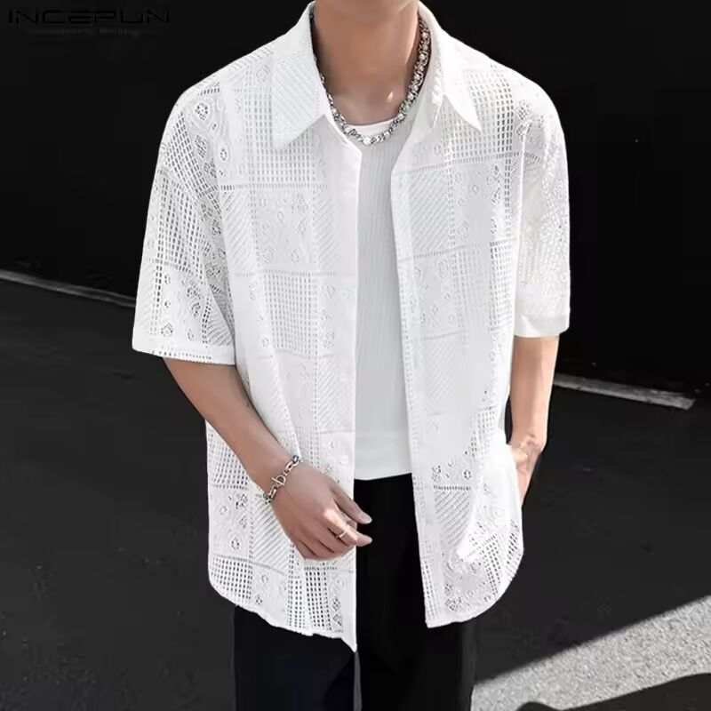 INCERUN Men Shirt Mesh Lace Patchwork See Through Sexy Tops Lapel Short Sleeve Shirts Loose Streetwear 2025 Fashion Men Clothing