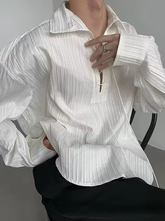 Stylish Men's Textured Ribbed Pullover Tops Vintage Turn-down Collar Tie-up Polo Shirt Fall Mens Casual Solid Color Lapel Shirts