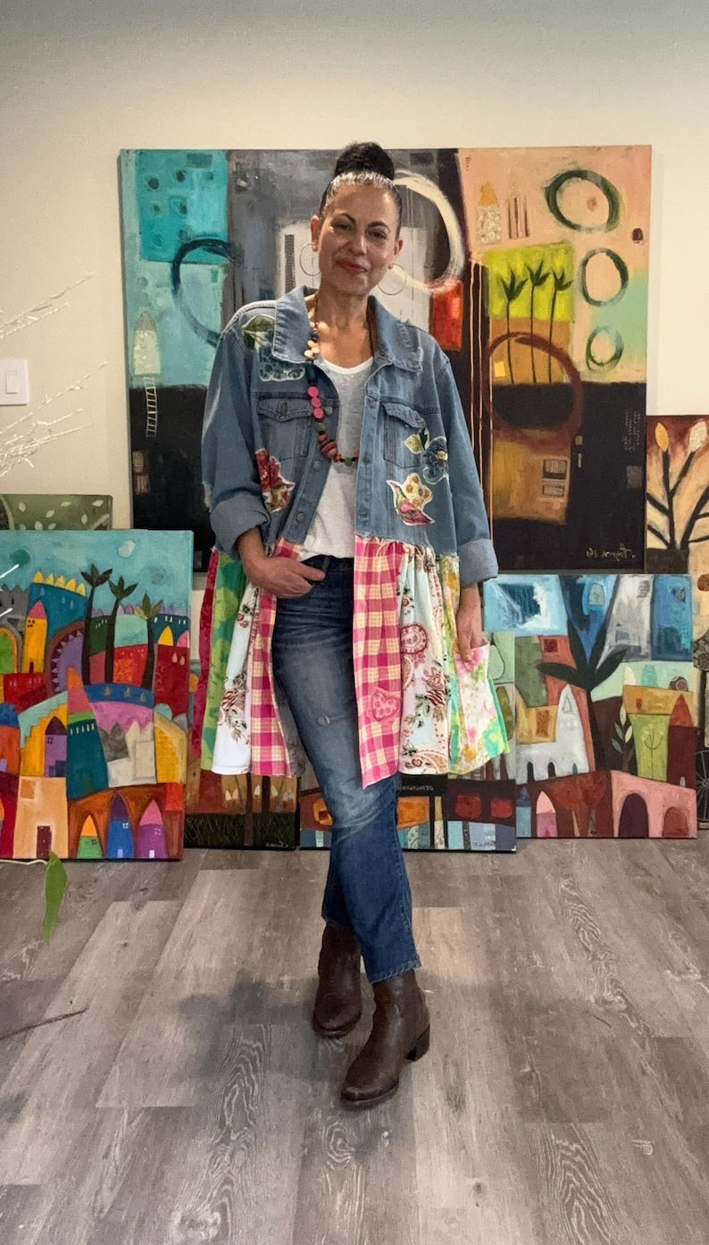 Up-cycled boho romantic duster 'Ella' L-3X, Boho patchwork denim duster, Floral farm chic fancy duster.