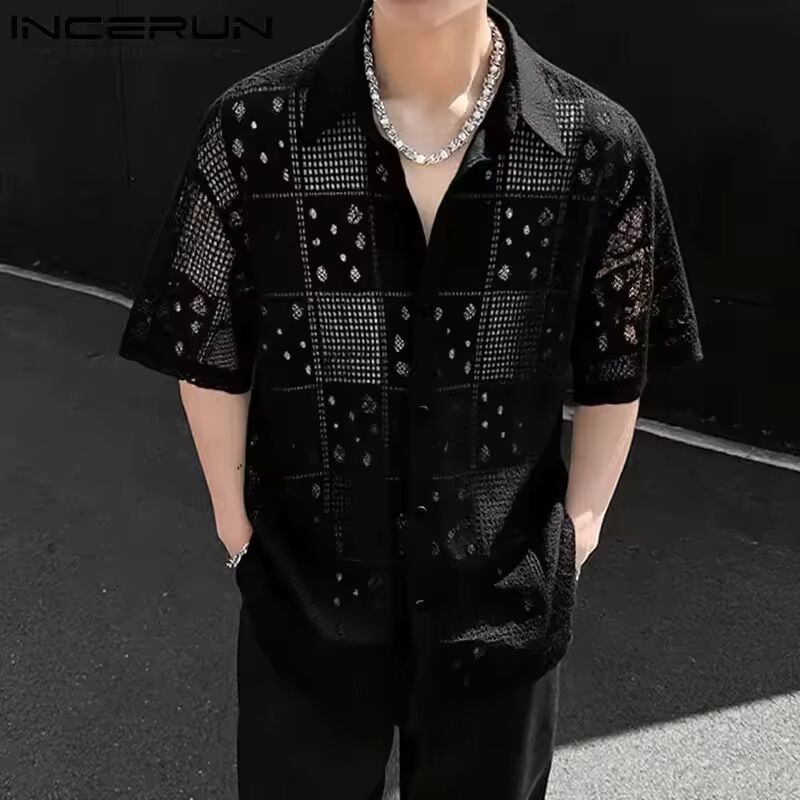 INCERUN Men Shirt Mesh Lace Patchwork See Through Sexy Tops Lapel Short Sleeve Shirts Loose Streetwear 2025 Fashion Men Clothing